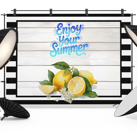 Yellow Lemon Backdrops for Photography, Enjoy Your Summer Fruit Wood Striped Farmhouse Fabric Photo Background Sturdy Studio Props for Photo Studio, Video Recording, Booth & Photoshoot 8x6ft