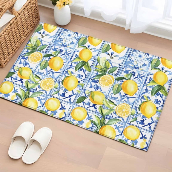 Yellow Lemon Bathroom Mats 2x3 FT,Non Slip Small Kitchen Mat,Botanical Spring Leaves Abstract Blue Tile Washable Soft Backed Front Door Throw Rugs Indoor Outdoor Doormats for Entryway Sink