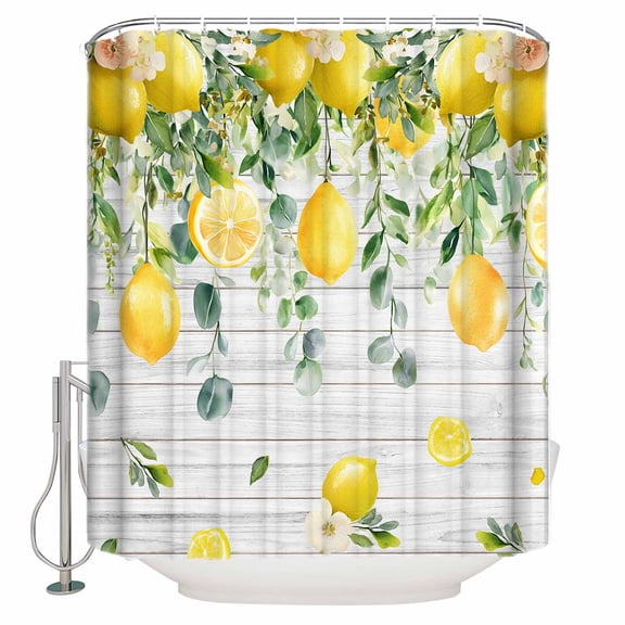 Yellow Lemon Bathroom Shower Curtains with Hooks, Eucalyptus Leaf Watercolor Plant Wood Grain Waterproof Fabric Washable Shower Curtain for Home Hotel Bathtub Decor 72x84 Inch