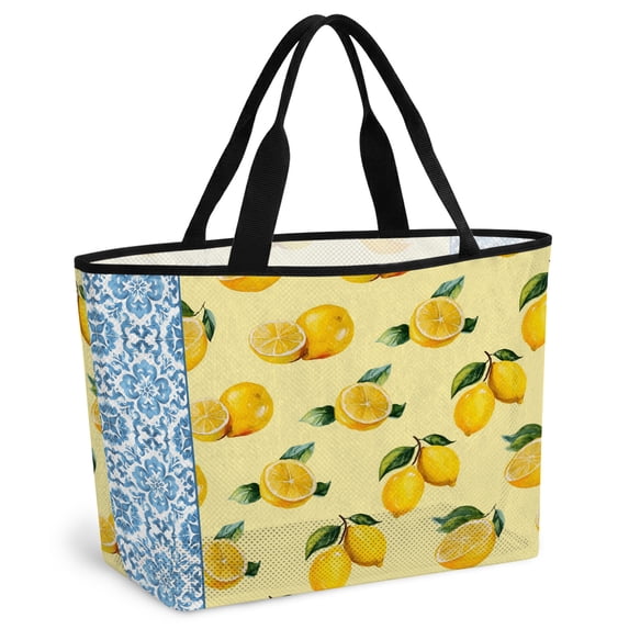 Yellow Lemon Beach Bag for Women, Large Breathable Mesh Beach Tote Bag, Summer Country Italian Style Flowers Blue Sandproof Lightweight Travel Bags for Vacation Picnic Swimming Pool 15.7"x15.7"x9.1"