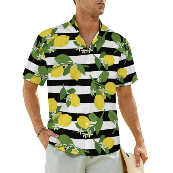 Yellow Lemon Beach Shirt Bright Fruit Print Summer Casual Shirts Men Classic Blouses Short