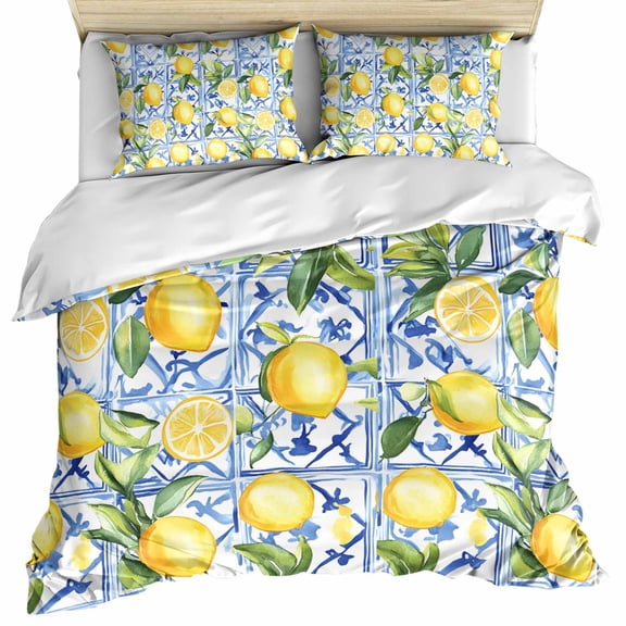 Yellow Lemon Bedding 3 Piece Duvet Cover Set Queen Size, Botanical Spring Leaves Abstract Blue Tile Soft Microfiber Comforter Cover with Zipper Closure & Pillowcases, FadeResistant Quilt Cover