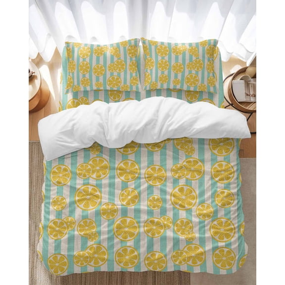Yellow Lemon Bedding Duvet Cover Set Queen Size 4 Pieces Teal Stripes Linen Background Bedding Set with Zipper Closure, 1 Comforter Cover 90x92 Inches 1 Flat Sheet & 2 Pillow Cases