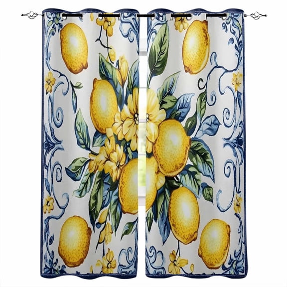 Yellow Lemon Blackout Curtains 45 Inches Long for Bedroom, Middle Century Blue Italian Textured Thermal Insulated Room Darkening Black Out Window Curtain Panels Grommet Drapes for Living Room