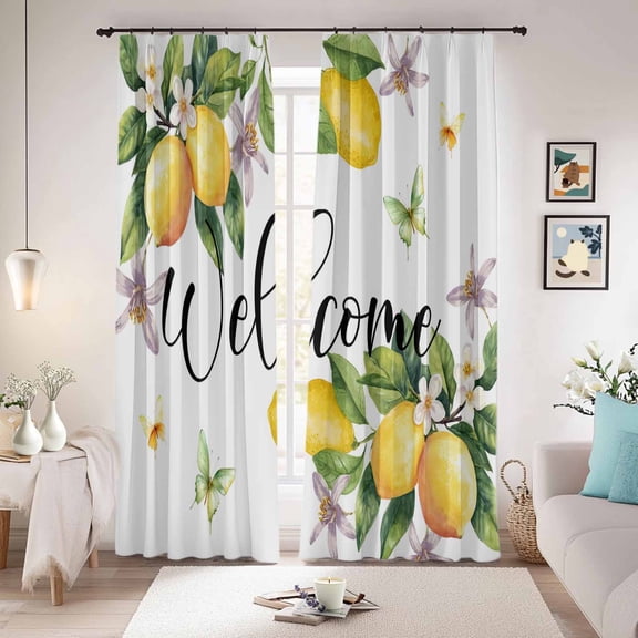 Yellow Lemon Blackout Curtains for Bedroom/Living Room, Pinch Pleated Black Out Curtains, Floral Flower Butterfly Watercolor White Room Darkening Window Drapes with Hooks 2 Panels, 39"x70"
