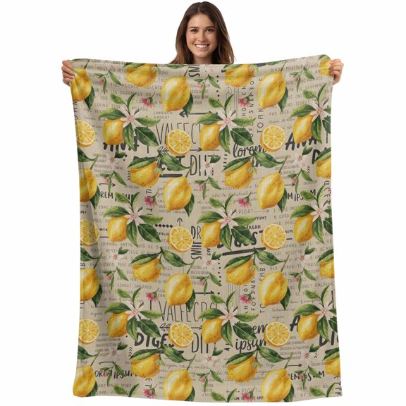 Yellow Lemon Blanket Soft Cozy Warm Throw Blanket for Couch, Plush Fuzzy Flannel Fleece Blankets for Sofa, Brown Vintage Summer Fruit Watercolor Bed Blankets Lightweight Gifts for Women, 30"x40"