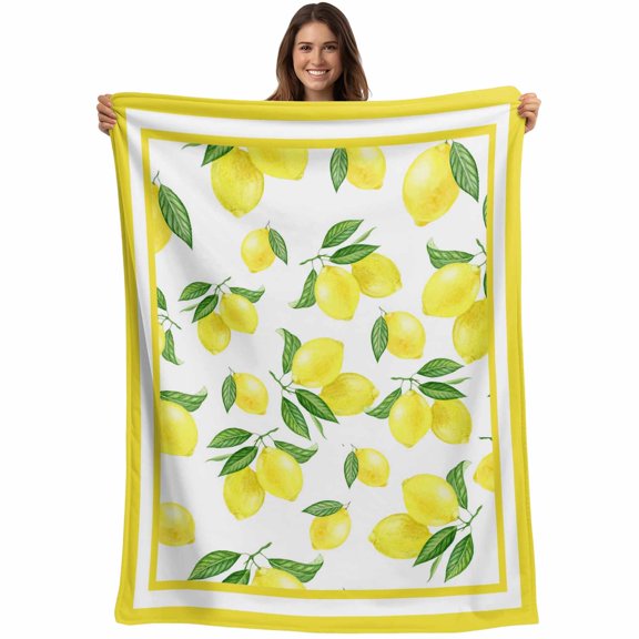 Yellow Lemon Blanket Soft Cozy Warm Throw Blanket for Couch, Plush Fuzzy Flannel Fleece Blankets for Sofa, Summer Watercolor Fruits Leaf Bed Blankets Lightweight Gifts for Women, 40"x50"