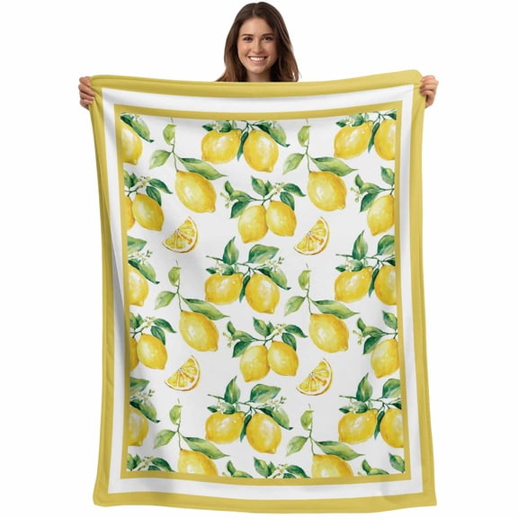 Yellow Lemon Blanket Soft Cozy Warm Throw Blanket for Couch, Plush Fuzzy Flannel Fleece Blankets for Sofa, Summer Watercolor Oil Painting Fruits Bed Blankets Lightweight Gifts for Women, 50"x60"