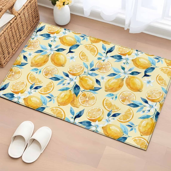 Yellow Lemon Blue Floral Entryway Rug 2'x3' Non Slip Front Door Mats, Summer Botanical Farmhouse Entrance Rugs Indoor Outdoor Carpet, Washable Floor Mats Small Area Rug for Bedroom Kitchen
