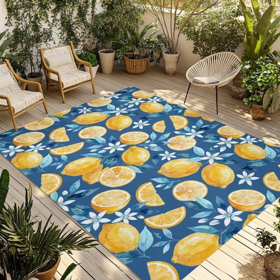 Yellow Lemon Blue Floral Outdoor Rug for Patio/Deck/Porch, Non-Slip Large Area Rug 5 x 8 Ft, Summer Botanical Navy Blue Indoor Outdoor Rugs Washable Area Rugs, Reversible Camping Rug Carpet Runner