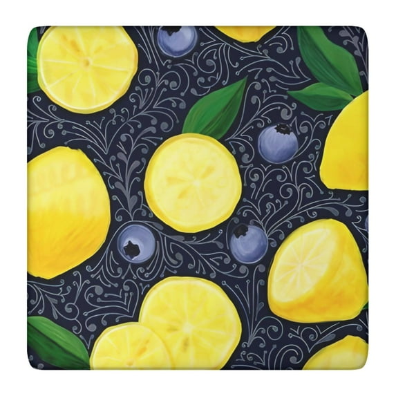 Yellow Lemon Blueberries DarkBlue Pattern Square Fitted Tablecloth with Elastic Edge,Square Table Cover,Washable Elastic Table Cover for Home Kitchen Party Decor 36"x36"