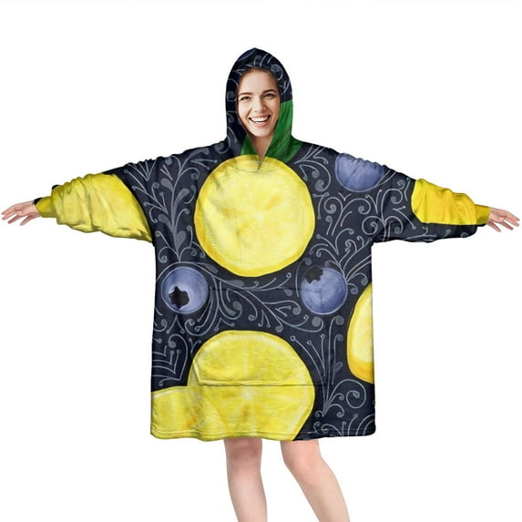 Yellow Lemon Blueberries DarkBlue Pattern Wearable Oversized Blanket,Wearable Blanket Hoodie for Adults,Cozy Hooded Blankets with Super Pockets,Super Warm Fuzzy Pullover for Women & Men