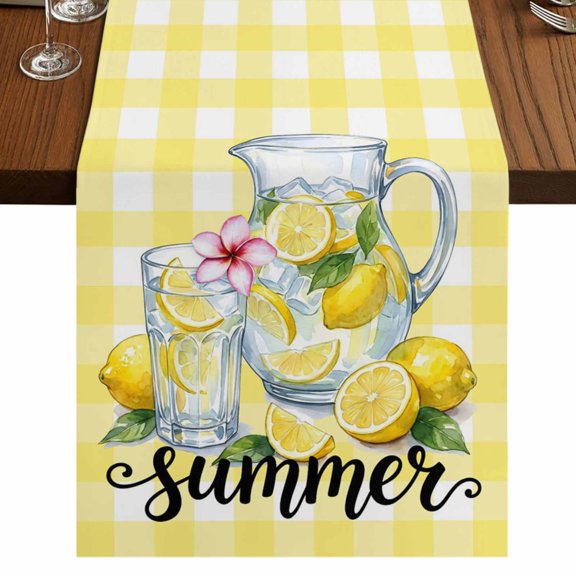 Yellow Lemon Burlap Cotton Table Runner 13x36 Inches Short, Summer Fruit Drinks Glass Bottles Mint Leaf Plaid Farmhouse Table Runners, Outdoor Dining Tablecloths Decor for Baby Shower/Party/Wedding