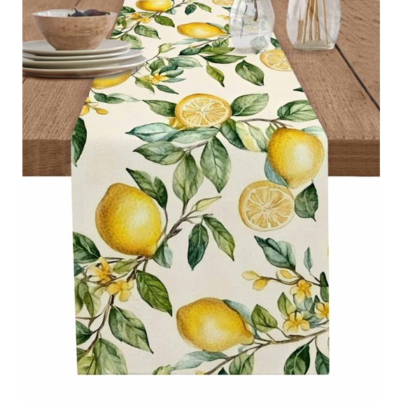 Yellow Lemon Burlap Cotton Table Runner 13x48 Inches Long, Spring Floral Flower Fruit Farmhouse Modern Farmhouse Table Runners, Outdoor Dining Tablecloths Decor for Baby Shower/Party/Wedding