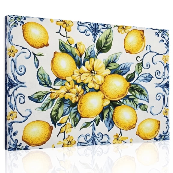 Yellow Lemon Canvas Print Wall Art, Watercolor Fruit Vintage Flower Leaf Blue Wall Decor Modern Artwork Paintings Pictures for Living Room Framed and Stretched Ready to Hang, 24" x 32"