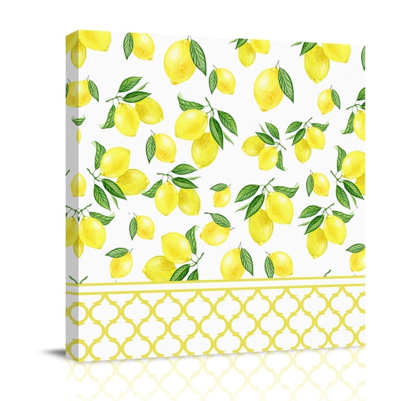 Yellow Lemon Canvas Wall Art for Living Room, Green Leaf Morocco Country Summer Fruit Poster Print Painting for Bedroom Office Home Decoration Wall Pictures Prepare To Hang 8"x8"