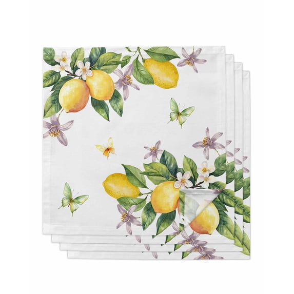 Yellow Lemon Cloth Napkins Set of 4 Reusable Dinner Napkins, Country Flower Butterfly Watercolor White Cocktail Napkin Washable Table Napkins for Wedding/Holiday Party/Baby Shower 20"x20"