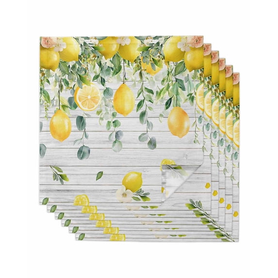 Yellow Lemon Cloth Napkins Set of 6 Reusable Dinner Napkins, Green Eucalyptus Wood Grain Farmhouse Cocktail Napkin Washable Table Napkins for Wedding/Holiday Party/Baby Shower 20"x20"