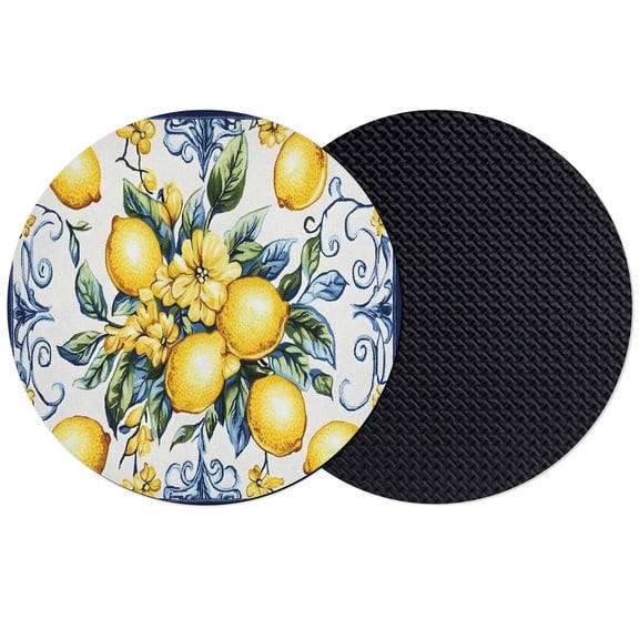 Yellow Lemon Coasters Set of 2, Soft Absorbent Coasters for Drinks, Middle Century Blue Italian Textured Non-Slip Cup Coaster Mat with Rubber Bottom for Home Kitchen Desk Coffee Bar Table Decor 4"