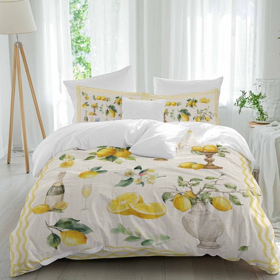Yellow Lemon Comforter Set Full Size, Country Watercolor Fruit Flower Farm Stripes Linen Texture Soft Bedding Set for Man Woman, 4 Pieces Duvet Cover Set with Fitted Sheet, 2 Pillowcases