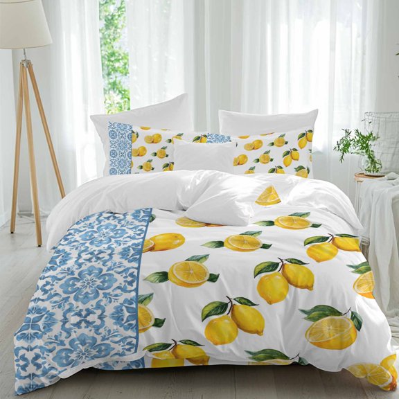 Yellow Lemon Comforter Set Full Size, Watercolor Fruit Farm Blue Flower Pattern Country Soft Bedding Set for Man Woman, 4 Pieces Duvet Cover Set with Fitted Sheet, 2 Pillowcases