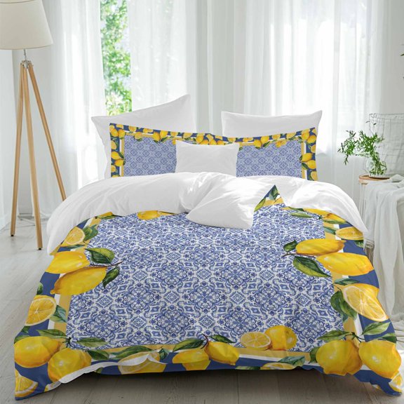 Yellow Lemon Comforter Set Queen Size, Watercolor Fruit Farm Blue Flower Pattern Background Soft Bedding Set for Man Woman, 4 Pieces Duvet Cover Set with Fitted Sheet, 2 Pillowcases