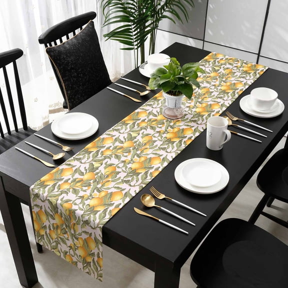 Yellow Lemon Cotton Linen Table Runner 16 x 72 inch Green Leaves Fruit Branch Pastoral Farm Non-slip Rectangular Dining Table Decor for Wedding Party Holiday Dinner