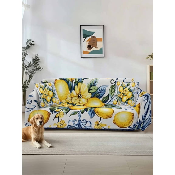 Yellow Lemon Couch Cover, Middle Century Blue Italian Textured Sofa Cover Blanket for Loveseat Couches, Sectional Sofa Slipcover Furniture Protector for Living Room Bedroom 71''x118''