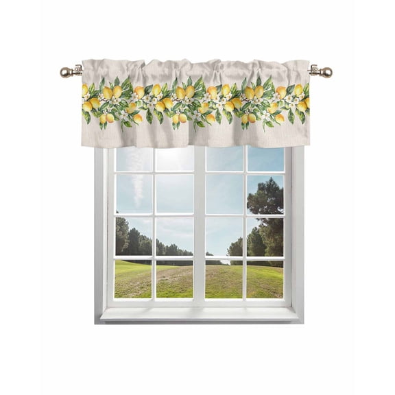 Yellow Lemon Curtain Valance for Windows/Living Room/Kitchen/Bathroom/Café, Short Rod Pocket Tier Curtain Window Treatment Panel Spring Botanical Leaves Fruit Farmhouse Topper Curtain 42''x12''