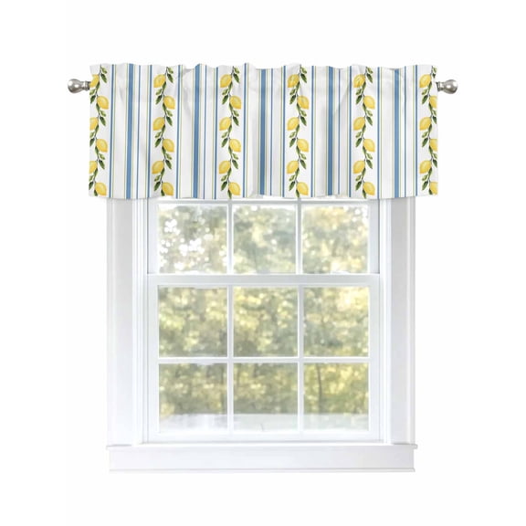 Yellow Lemon Curtain Valances for Windows, Farmhouse Modern Vertical Striped Fruit Kitchen Valance Window Treatment, Light Filtering Block Curtains for Bathroom/Bedroom/Living Room 42'' x 12''