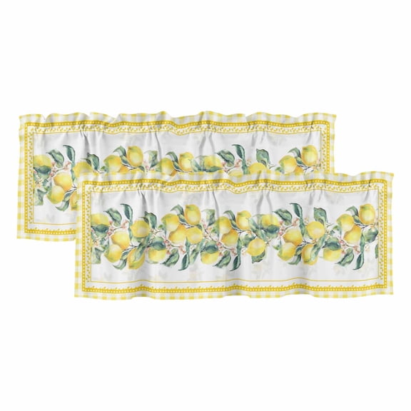 Yellow Lemon Curtain Valances for Windows, Kitchen Valance Window Treatments Panel 2 Pack, Summer Botanical Plaid Elegant Pastoral Rod Pocket Short Curtains for Bathroom Bedroom 42 x 12 Inch