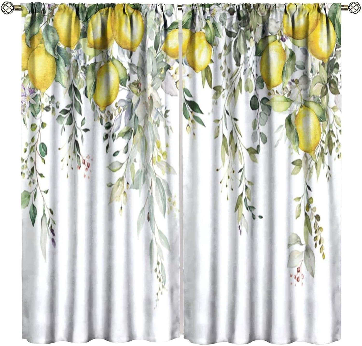 Yellow Lemon Curtains, Fruit Blue White Floral Rural Farmhouse Spring ...