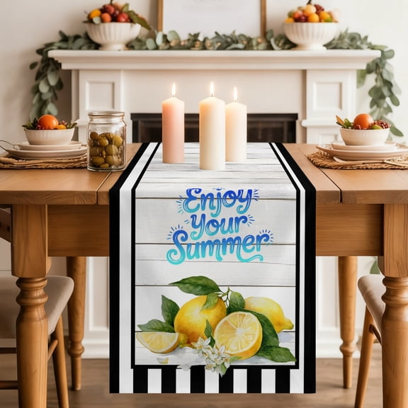 Yellow Lemon Dining Table Runner, Enjoy Your Summer Fruit Wood Striped Farmhouse Washable Table Runners Kitchen Coffee Table Center Decor for Home Party Holiday Wedding 13 x 36 Inches