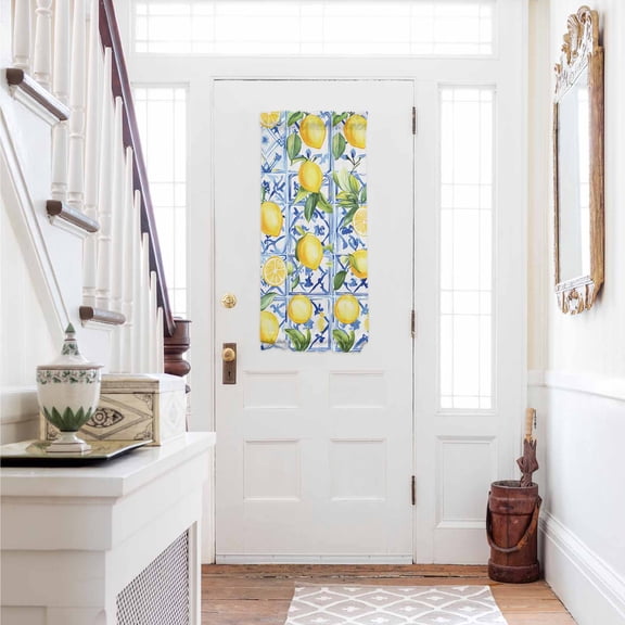 Yellow Lemon Door Curtains for Door Window, French Sidelight Front Back Door Curtains With Tieback, Botanical Spring Leaves Abstract Blue Tile Kitchen Rod Pocket Drapes Panel, 25"x40"