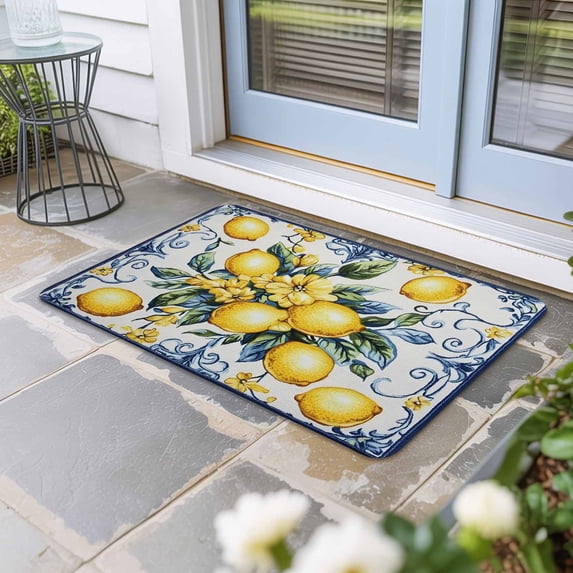 Yellow Lemon Door Mat Indoor Outdoor, Middle Century Blue Italian Textured Non Slip Welcome Mat with Rubber Backing, Absorbent Fabric Front Door Mats Entryway Rug for Home Patio Entrance 20"x31.5"