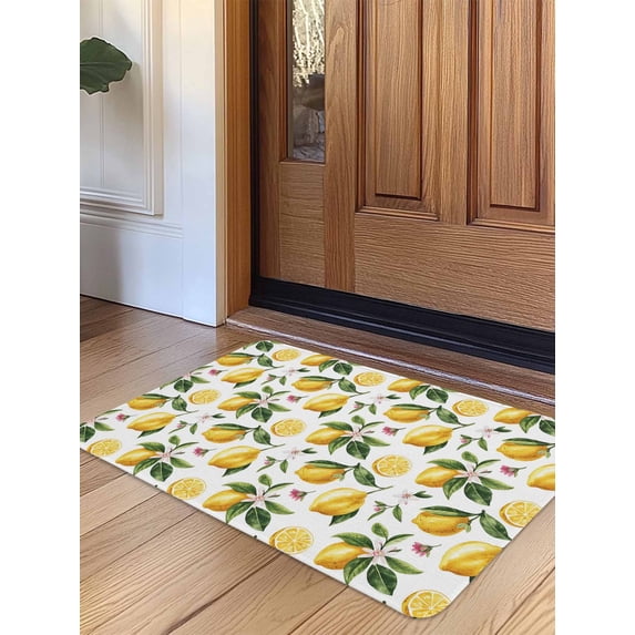 Yellow Lemon Door Mat Indoor Outdoor Entrance, Non Slip Small Rug for Kitchen Bathroom Entryway Rug, Tropical Green Leaf Pink Floral Fruit Washable Doormat Floor Mat 16x24 Inch