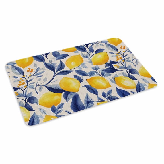 Yellow Lemon Doormat Outdoor Entrance 16"x24", Blue Leaf Vintage Botanical Summer Spring Absorb Moisture Dirt Door Mats, Non-Slip Rubber Backing Floor Mats Indoor, Low-Profile Front Door Rugs