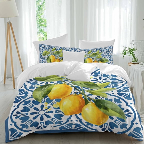 Yellow Lemon Duvet Cover Set Queen Size, Rustic Flower Blue Tile Texture Country Farmhouse 4 Piece Bedding Set with Zipper Closure & Corner Ties Soft Breathable Comforter Cover for Bedroom
