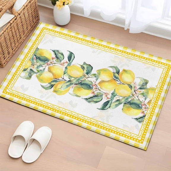 Yellow Lemon Entryway Rug 2'x3' Non Slip Front Door Mats, Summer Botanical Plaid Elegant Pastoral Entrance Rugs Indoor Outdoor Carpet, Washable Floor Mats Small Area Rug for Bedroom Kitchen