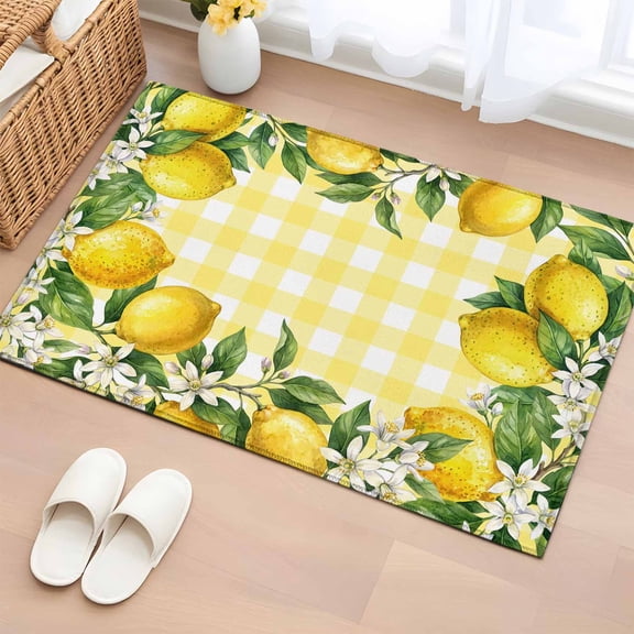 Yellow Lemon Entryway Rug 2'x3' Non Slip Front Door Mats, Summer Floral Fruit Leaves Botanical Grid Entrance Rugs Indoor Outdoor Carpet, Washable Floor Mats Small Area Rug for Bedroom Kitchen