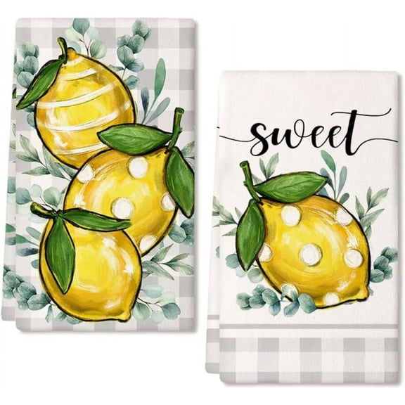 Yellow Lemon Eucalyptus Leaves Kitchen Towels Dish Towels Set of 2,Grey Buffalo Plaid Hand Towels 18x26 Inch Drying Dishcloth,Farmhouse Home Seasonal Holiday Summer Decorations