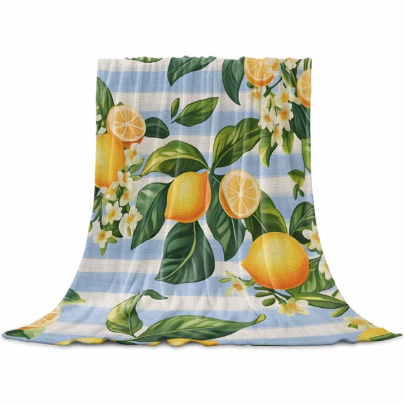 Yellow Lemon Flannel Blanket for Bed, Rustic Summer Fruit Blue Strip Burlap Soft Cozy Warm Couch Throw Blanket, Lightweight Fluffy Plush Bedding Blankets for Sofa Decor All Season 50"x60"