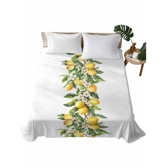 Yellow Lemon Flat Sheets Only King Size, Soft Breathable Bed Top Sheets for Mattress, Simple Spring Botanical Fruit Leaves Flower Luxury Bedding Flat Sheets for Home Hotel Bedroom Bed Protection