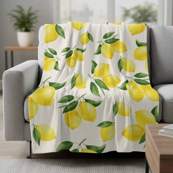 Yellow Lemon Fleece Throw Blanket Summer Fruit Vintage Linen Country Plant Ultra Soft Fuzzy Cozy Flannel Throw Blanket for Couch Sofa Bed Car Travel, Ideal Gifts 30x40 Inches