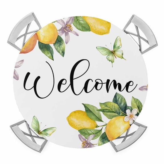 Yellow Lemon Floral Elastic Fitted Round Table Cover Watercolor Butterfly Purple Flower Waterproof Outdoor Tablecloth for Holiday Party, Picnic, Patio & Dining Fits Tables Up to 55"-60"