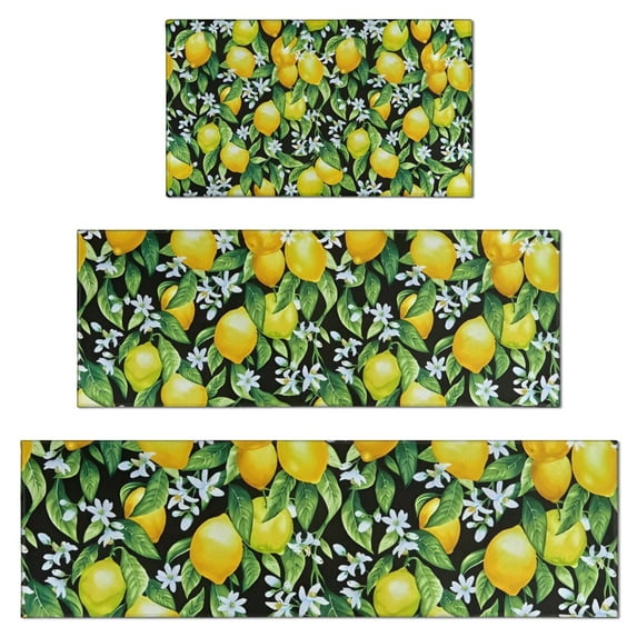 Yellow Lemon Flowers Black Pattern Kitchen Rugs Sets Of 3,Kitchen Runner Rugs Non Skid Washable,Decorative Kitchen Floor Mats for Kitchen,Sink,Laundry,17"x30"+ 17"x47" + 17"x59"