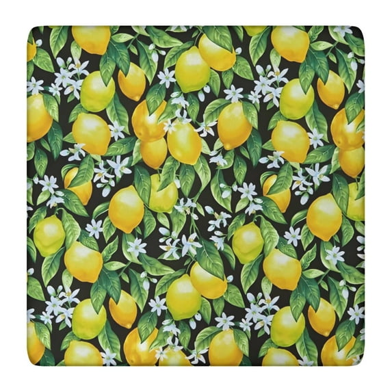 Yellow Lemon Flowers Black Pattern Square Fitted Tablecloth with Elastic Edge,Square Table Cover,Washable Elastic Table Cover for Home Kitchen Party Decor 36"x36"