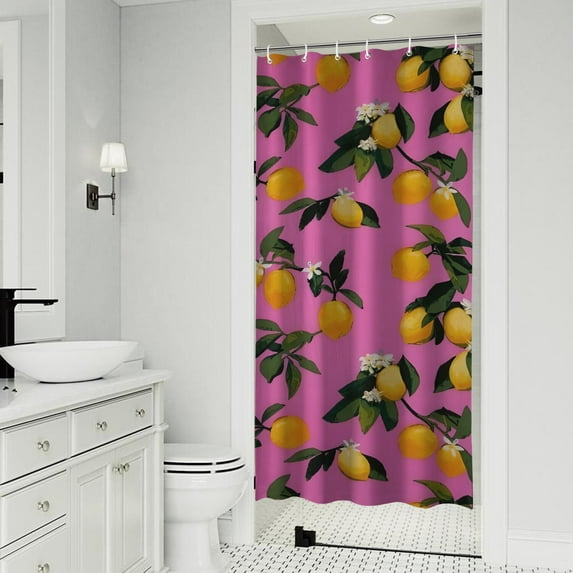 Yellow Lemon Flowers Pink Pattern Shower Curtain 36"x72" ,Bathroom Decorative Shower Curtains Set with 12 Hooks,Modern Waterproof Washable Shower Curtain