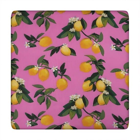 Yellow Lemon Flowers Pink Pattern Square Fitted Tablecloth with Elastic Edge,Square Table Cover,Washable Elastic Table Cover for Home Kitchen Party Decor 34"x34"