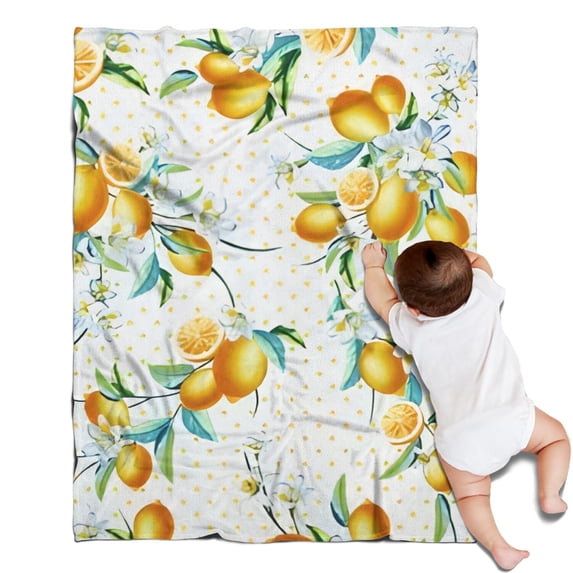 Yellow Lemon Flowers White Pattern Blanket,Comfortable Soft Flannel Throw Blanket,All Season,Warm Lightweight Blankets for Sofa Bed Couch Living Room Chair,30"x40"